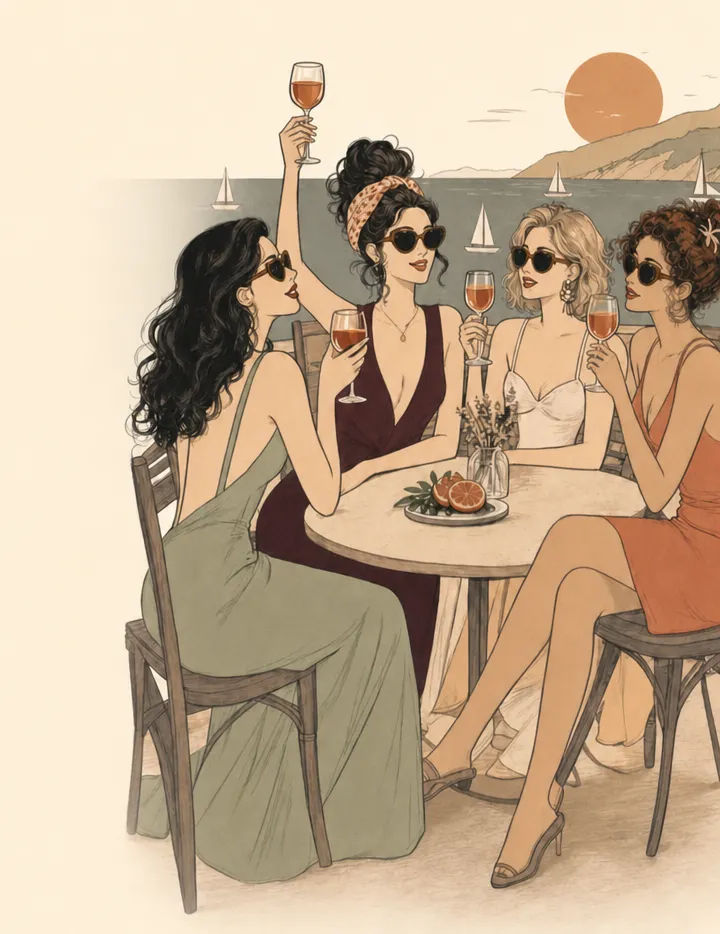 4 filles qui trinquent en terrasse